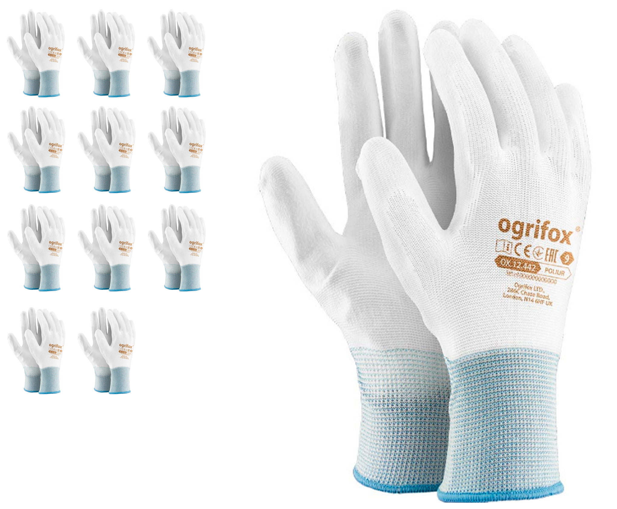 

12 par rękawice robocze Ox-poliur białe r.9