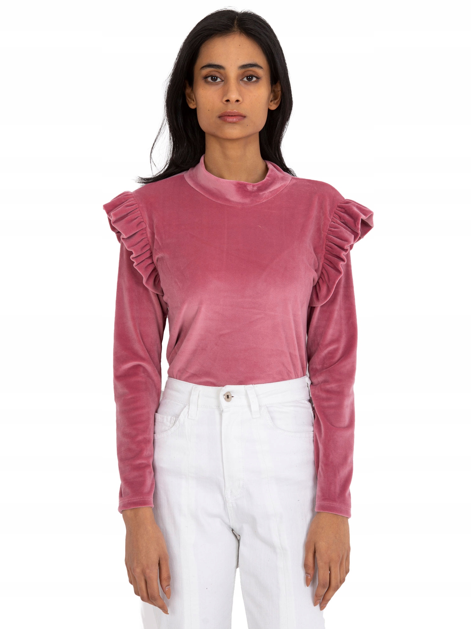 

Bluzka damska welurowa z falbanami stójka