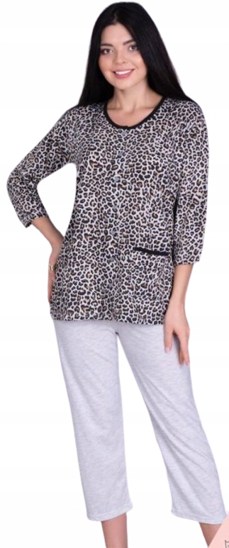 Bavlněné Rozepínací Pyžamo S 3/4 Rukávem Šedé Kalhoty 3/4 3XL