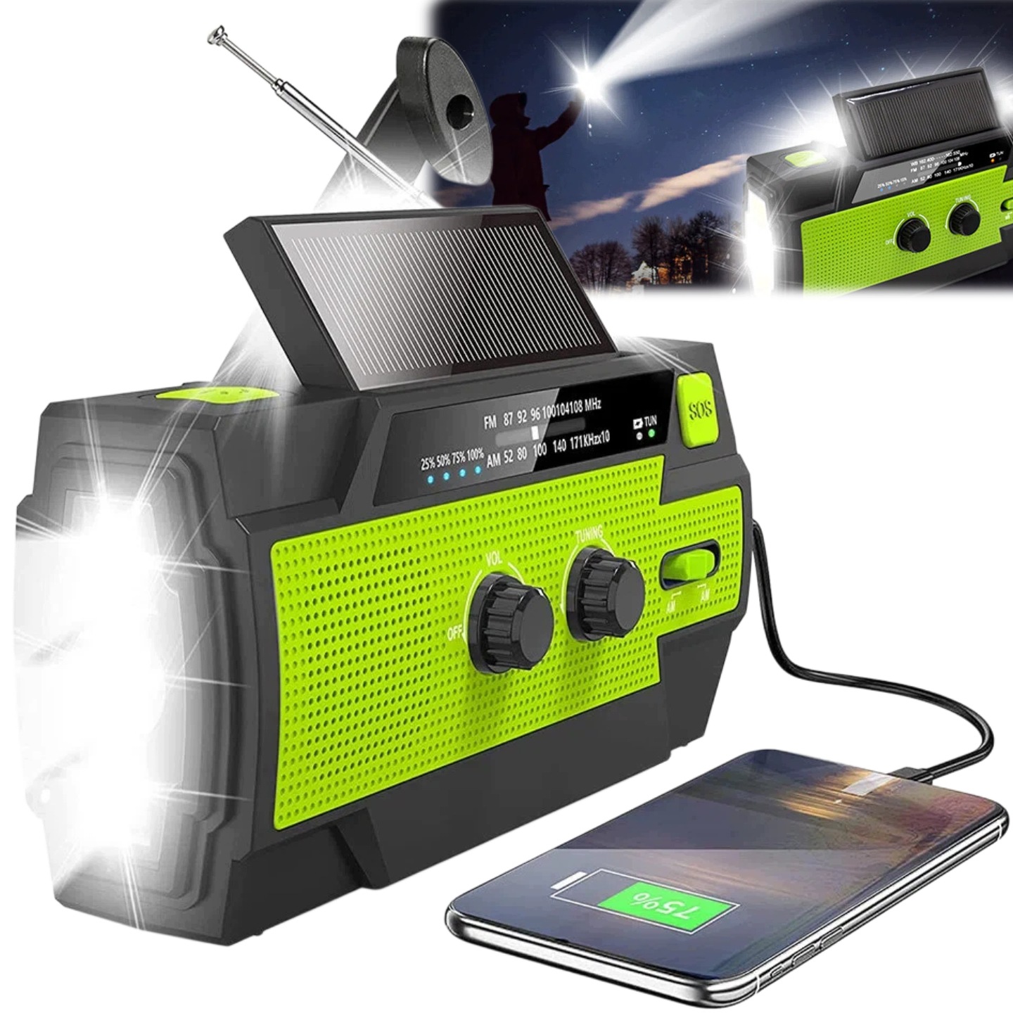 Přenosné Am/fm rádio s klikou napájené solární energií, Led svítilna s vypínačem