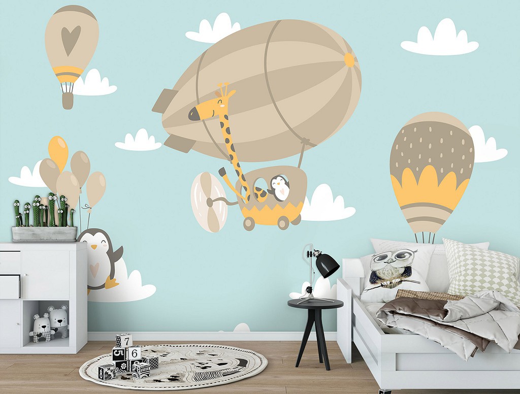 Tapeta Žirafa Pingwin Balóny Oblaky vinyl 368x280 do detskej izby lepidlo