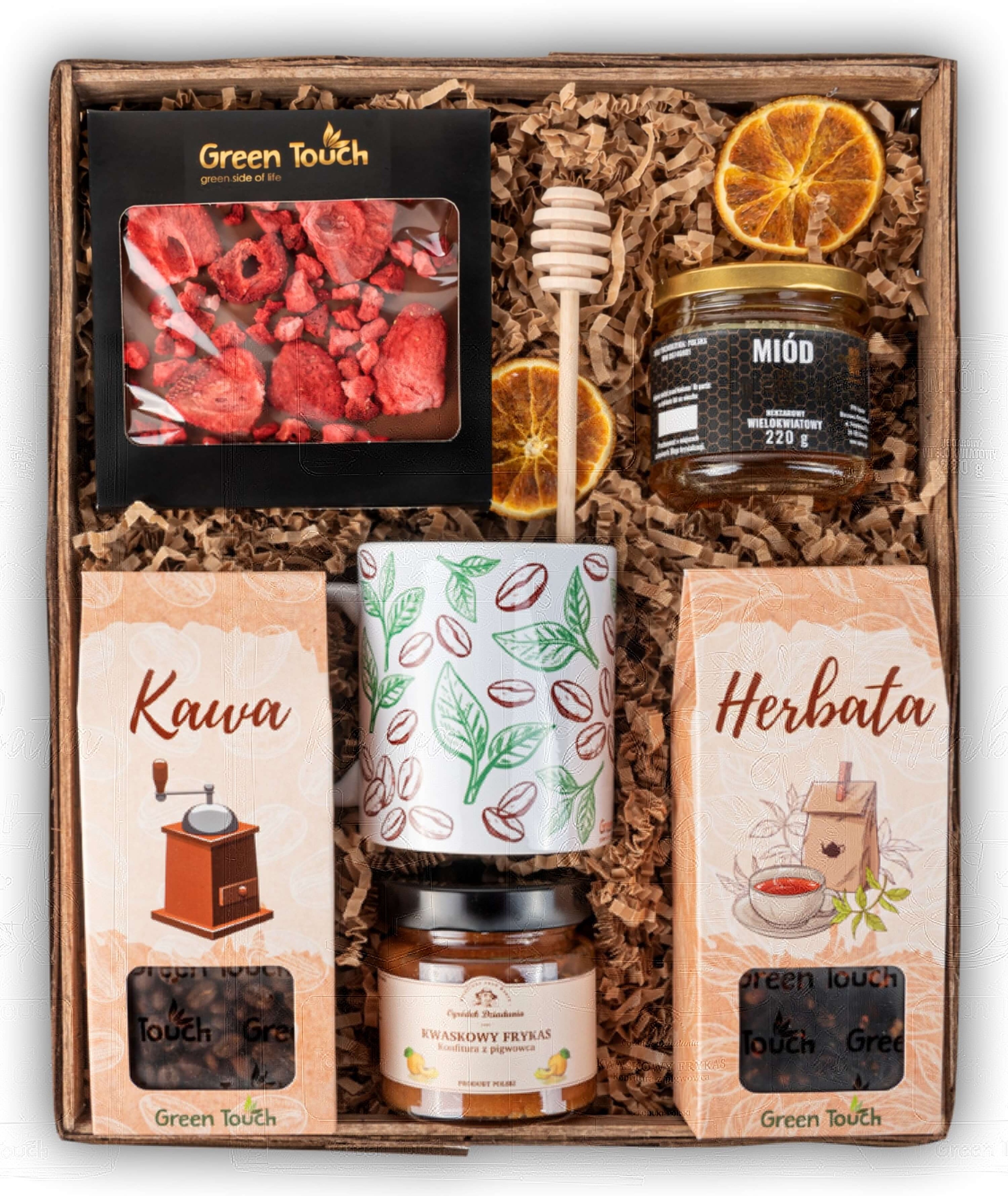 Levně Dárkový koš sada čaj káva sladkosti hrnek