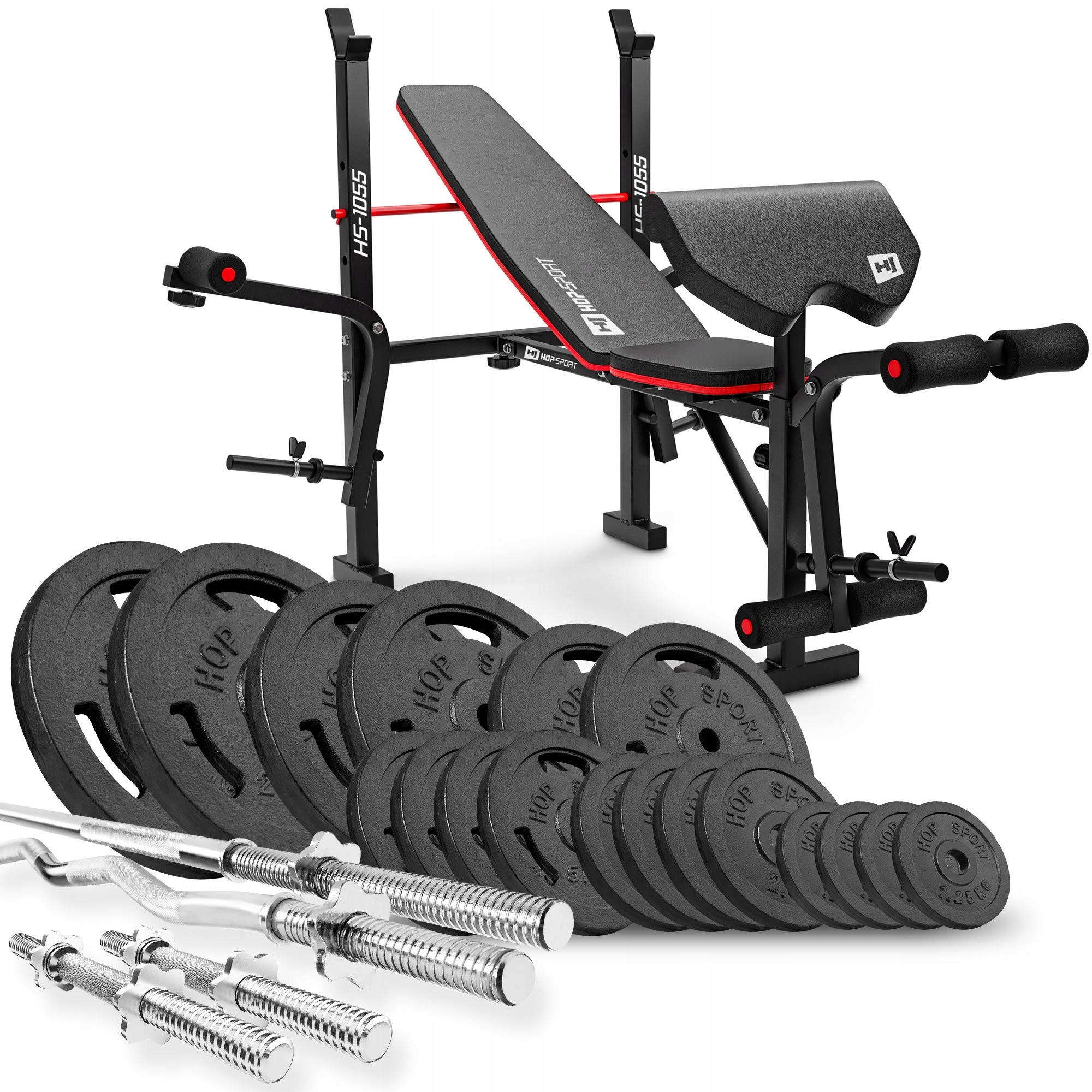 Zestaw obciążeń żeliwnych kulturystyczny 146kg z ławką regulowaną stojaki