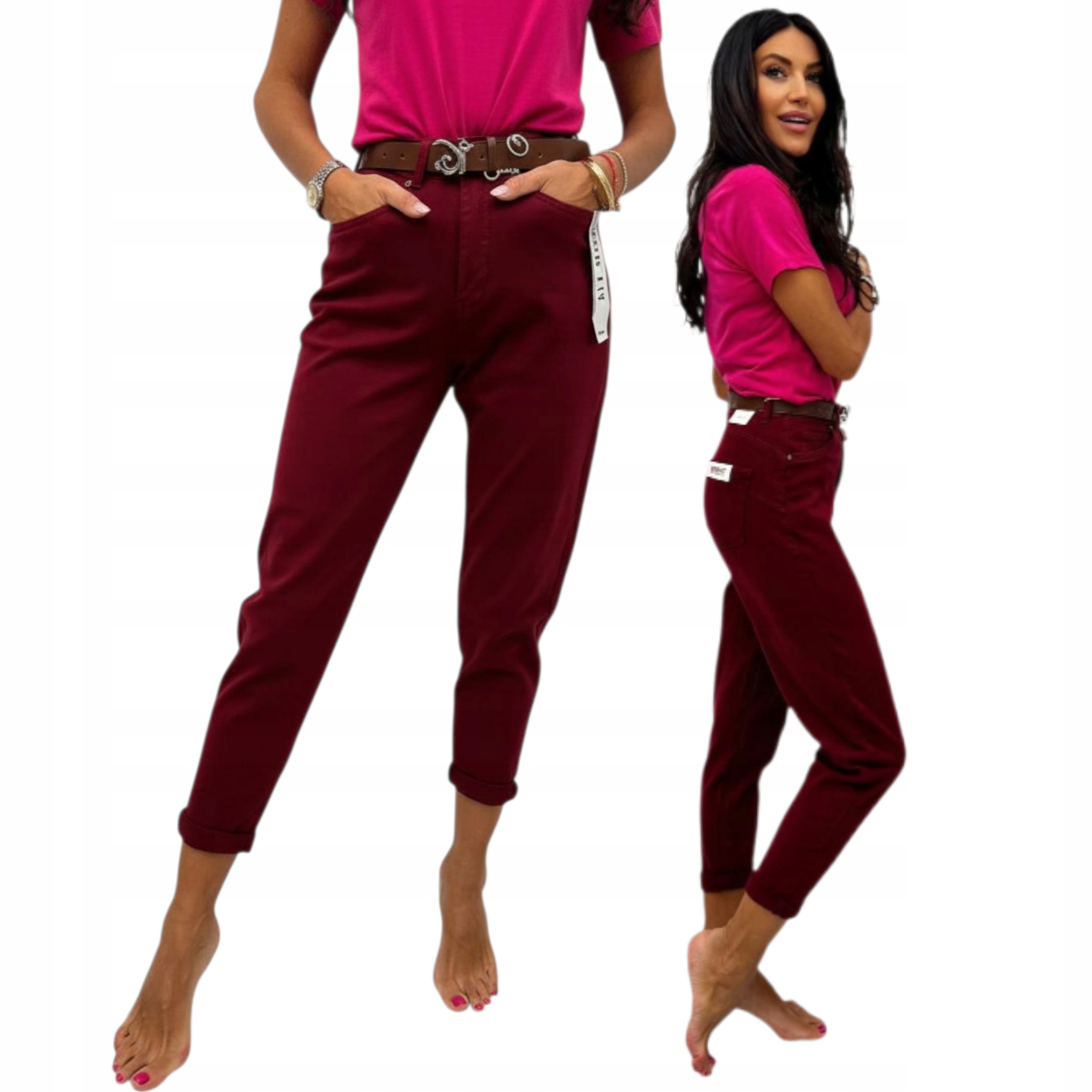 Dámské Kalhoty S Páskem Mom Fit Jeans Push Up vel. S 36 bordová