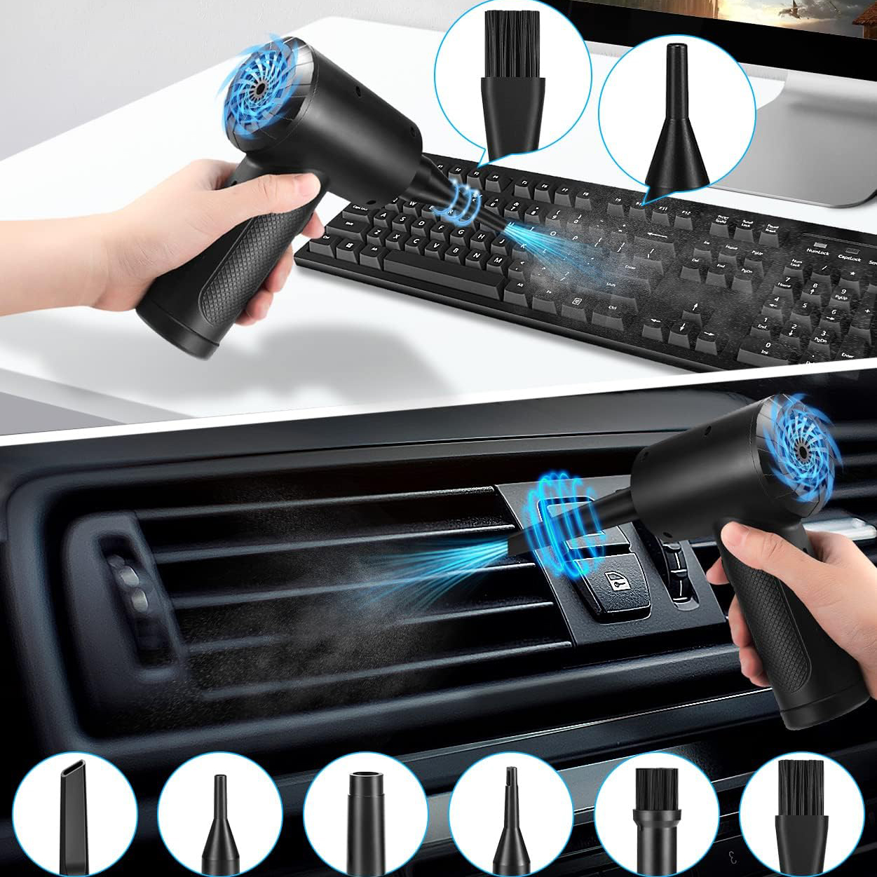 MINI ODKURZACZ RĘCZNY DO SAMOCHODU 2W1 BEZPRZEWODOWY Zawiera baterie tak