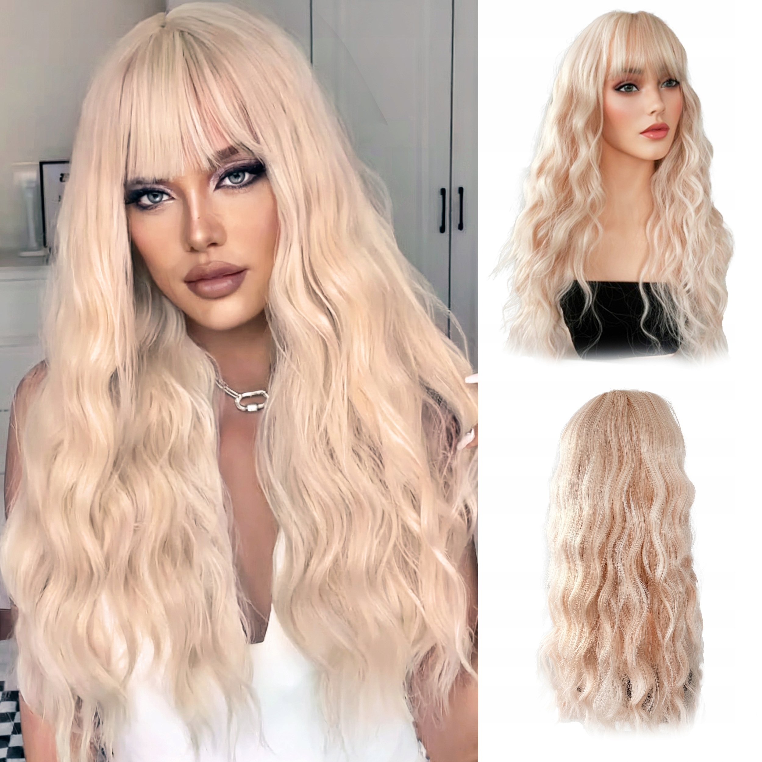 Peruka Syntetyczna Włosy Sztuczne Różany Blond Loki z Grzywką Długa 60cm
