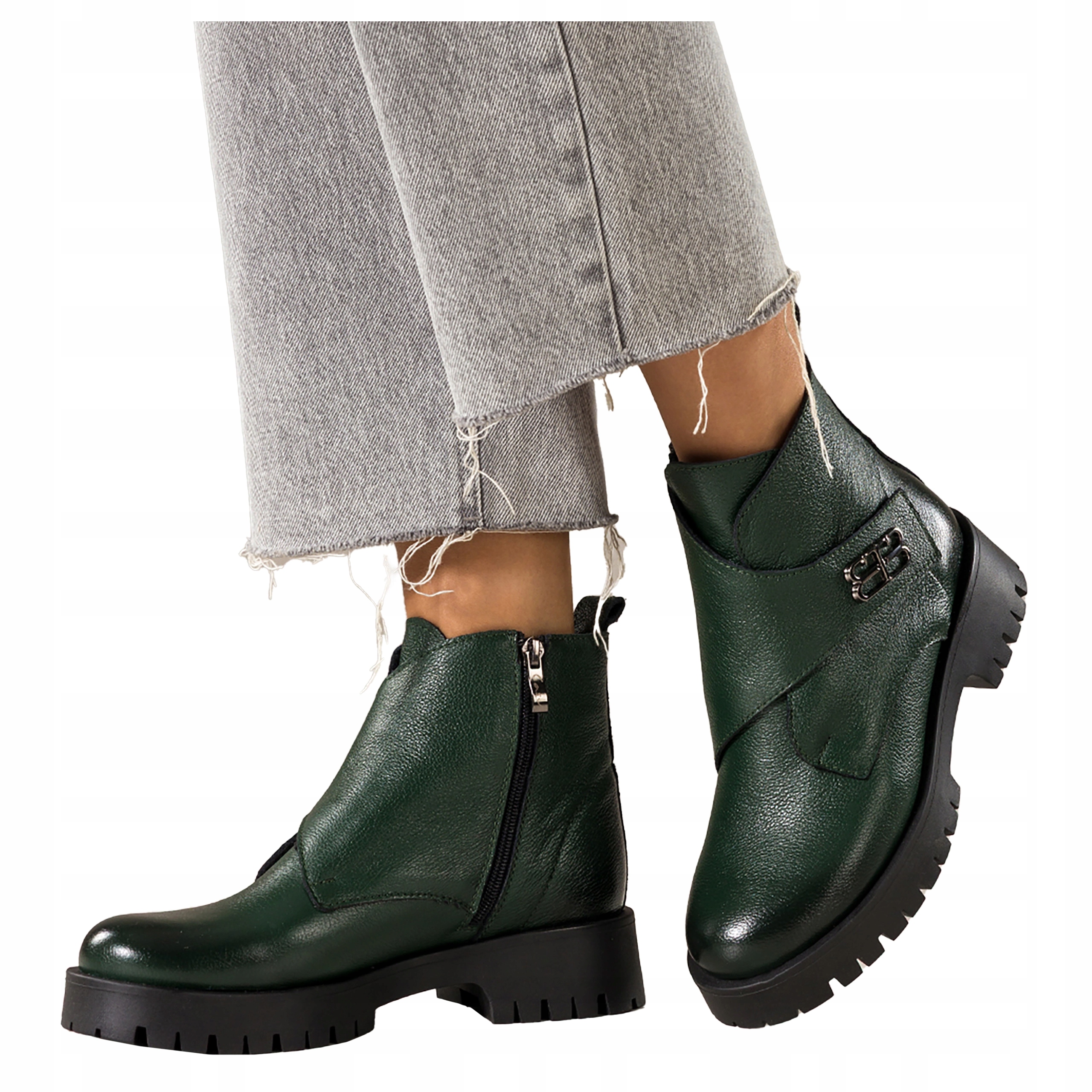 Zelené dámské kotníkové boty Kožené Na Platformě Pohodlné S Ozdobou Módní vel. 36