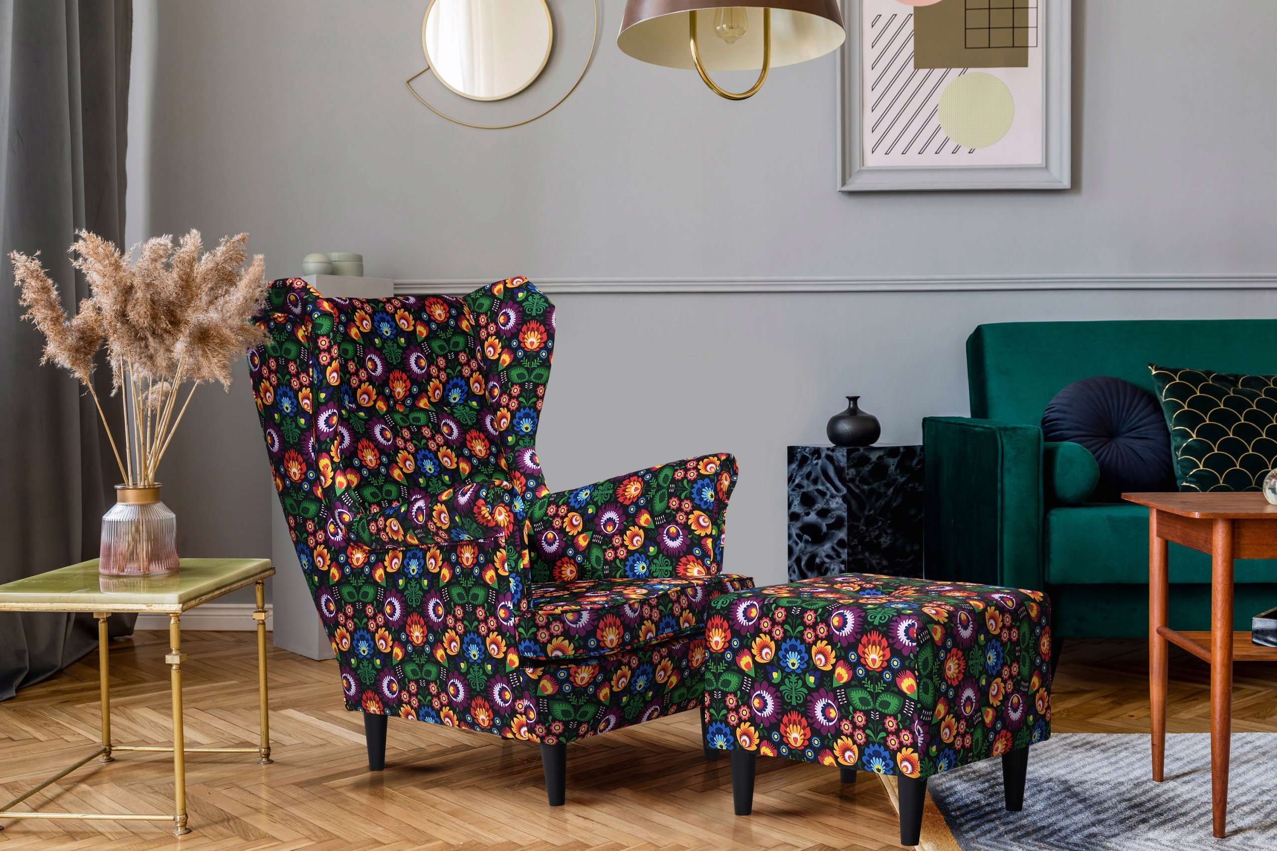 Fotel Uszak ZŁOTE LISCIE MONSTERY kobaltowy wzór Kolekcja ARI