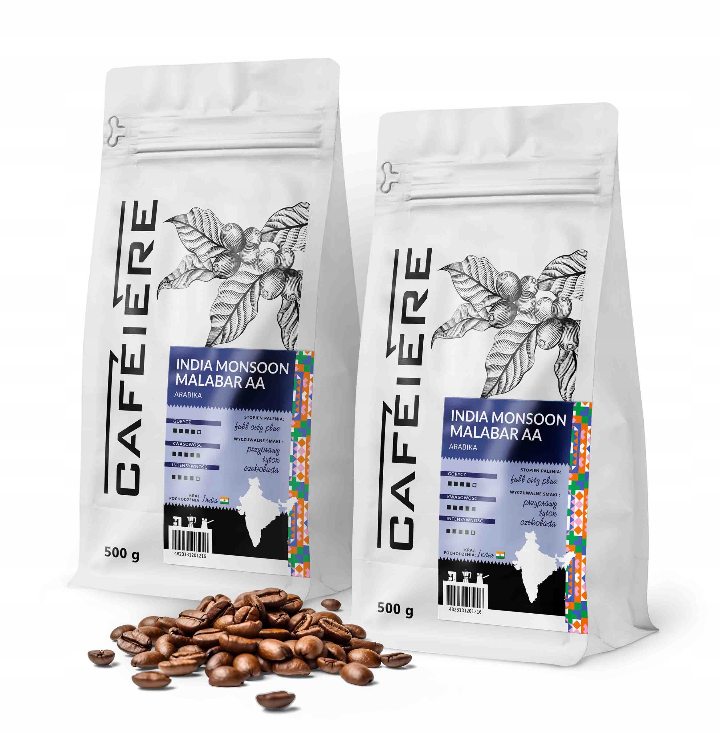 Levně Káva zrnková 1 kg India Monsoon Malabar 500 g x2 Čerstvě pražená Arabica 100%