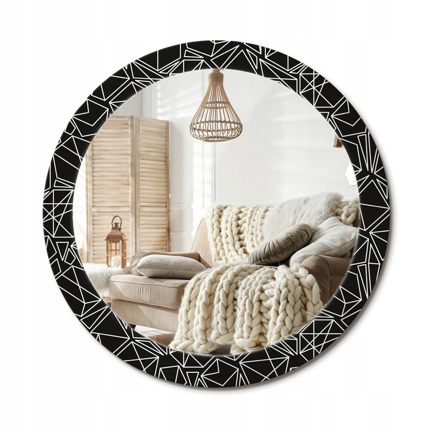 Závesné zrkadlo so skleneným rámom s potlačou, priemer 80 cm, geometrický vzor