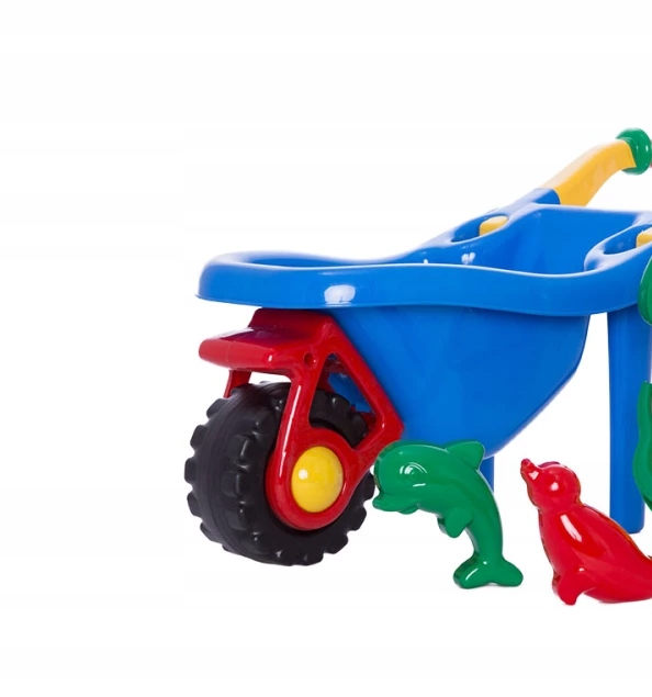 TACZKA PLASTIKOWA Z WIADERKIEM ŁOPATKĄ I FOREMKAMI DO PIASKU HEMAR Wiek dziecka 3 lata +