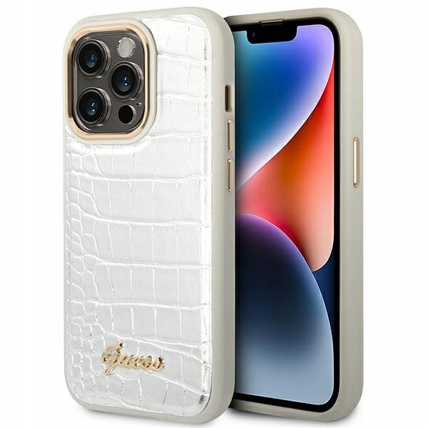 Pouzdro pro iPhone 14 Pro Guess Croco Collection stříbrný