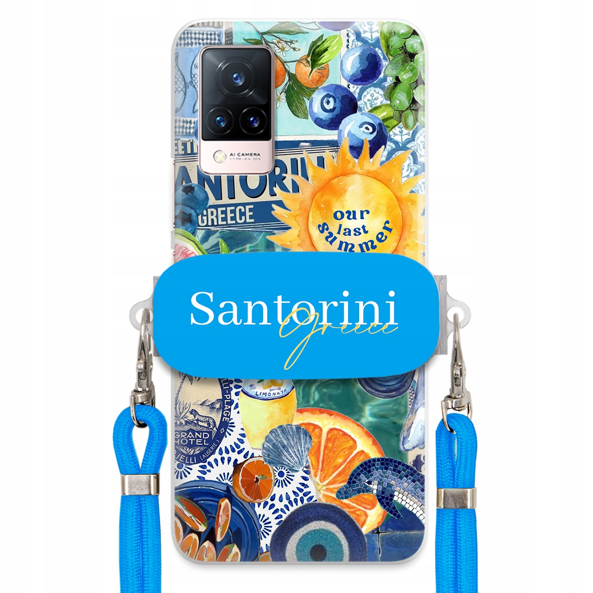 Puzdro pre Vivo S9 Modré Crossbody vodítko držiak Santorini Greece Sea