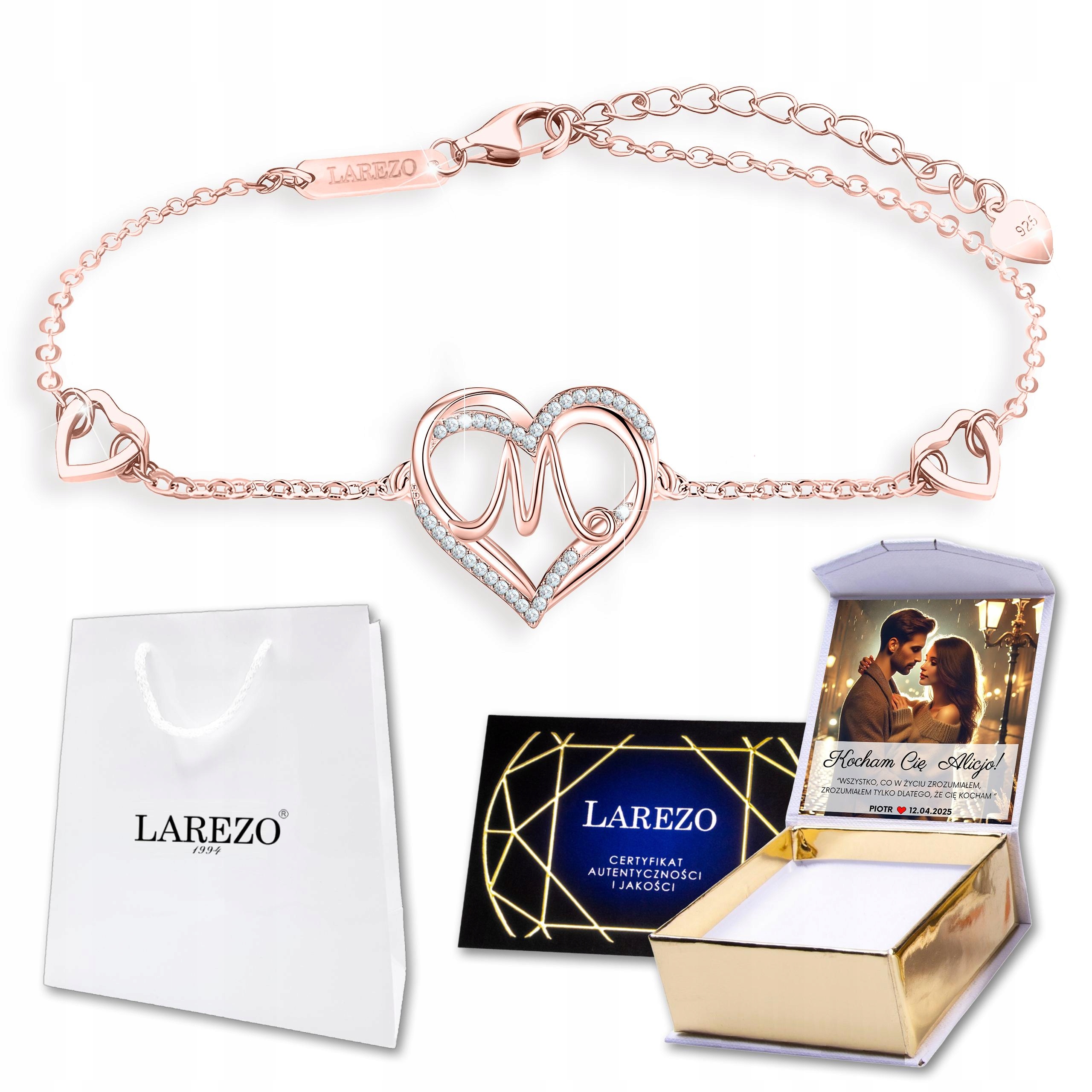 Pozlacený náramek 925 Srdce Srdíčko s písmenem Písmeno Iniciál M Potisk