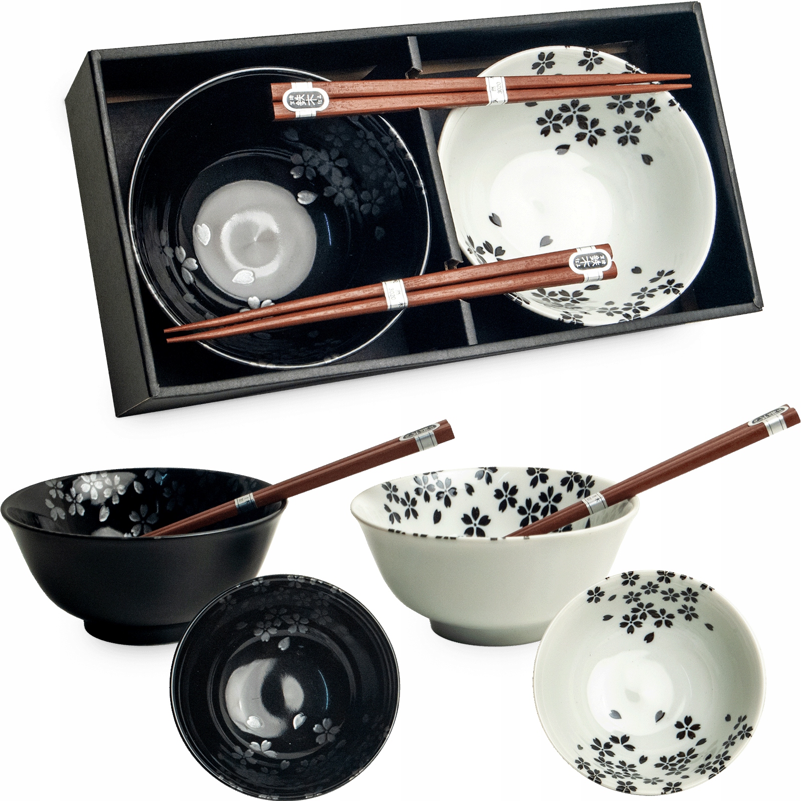Levně Sada Bílo černých orientálních misek 15cm s hůlkami Vzor Květiny Edo