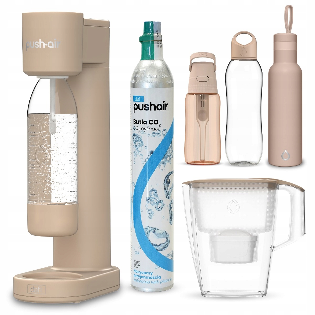 Výrobník Sody PushAir CO2+láhev+lahev na pití ShapeT+Solid+termohrnek Mila+