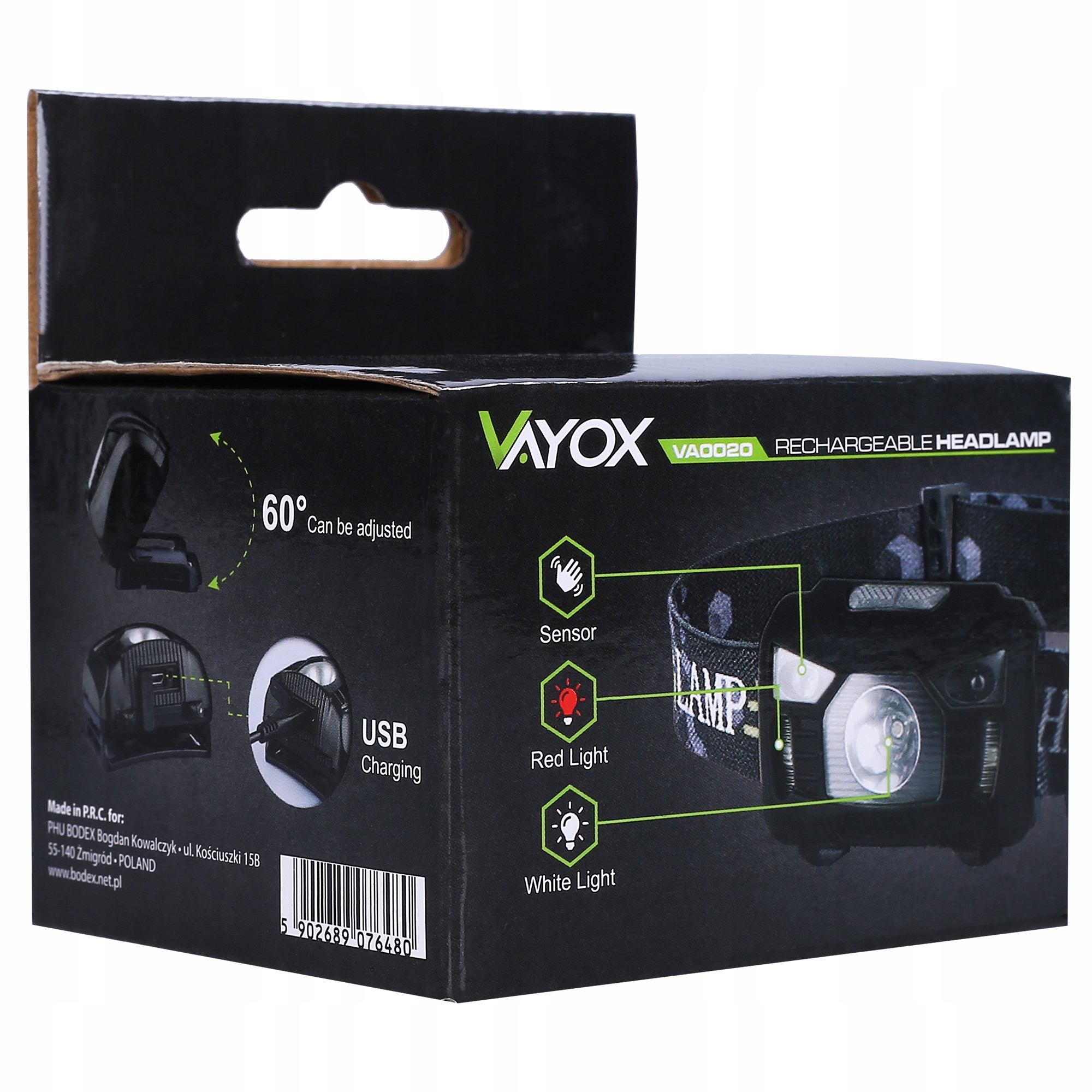 LATARKA LAMPA CZOŁOWA CZOŁÓWKA LED USB VAYOX 100LM Materiał ABS