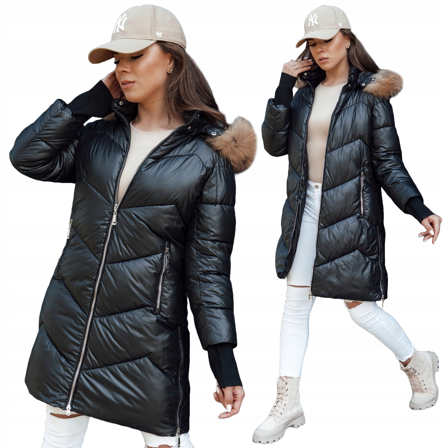 DŁUGA DAMSKA KURTKA ZIMOWA PIKOWANA Z KAPTUREM ty4499 - XXL