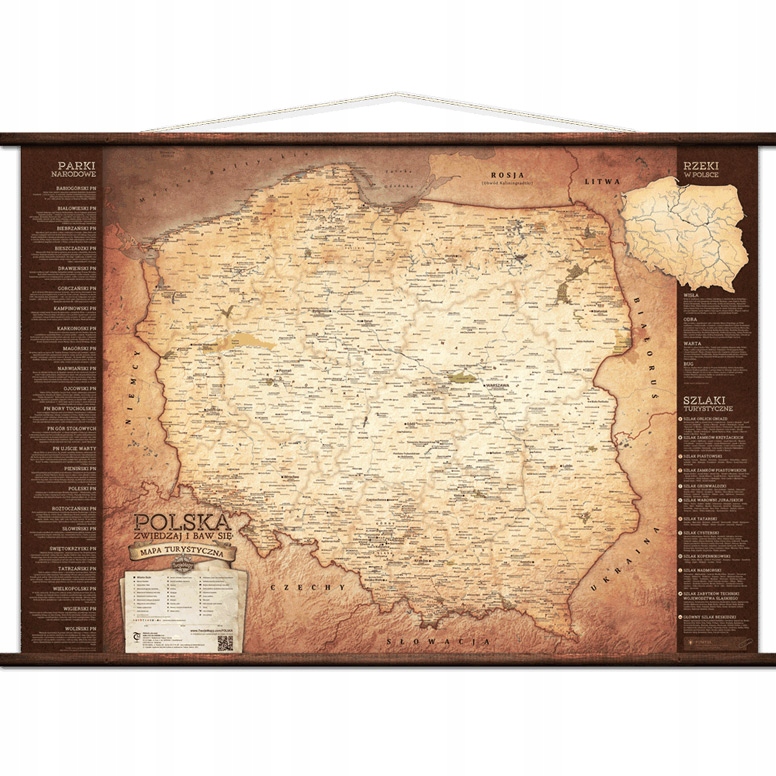 Mapa Polski ścienna dla Turysty : drewniane wałki