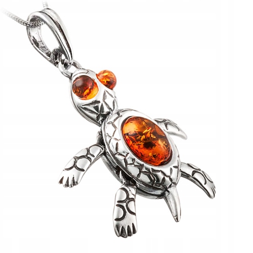Stříbrný Želvík pohyblivý přívěsek s přírodním Baltským Jantarem stříbro 925