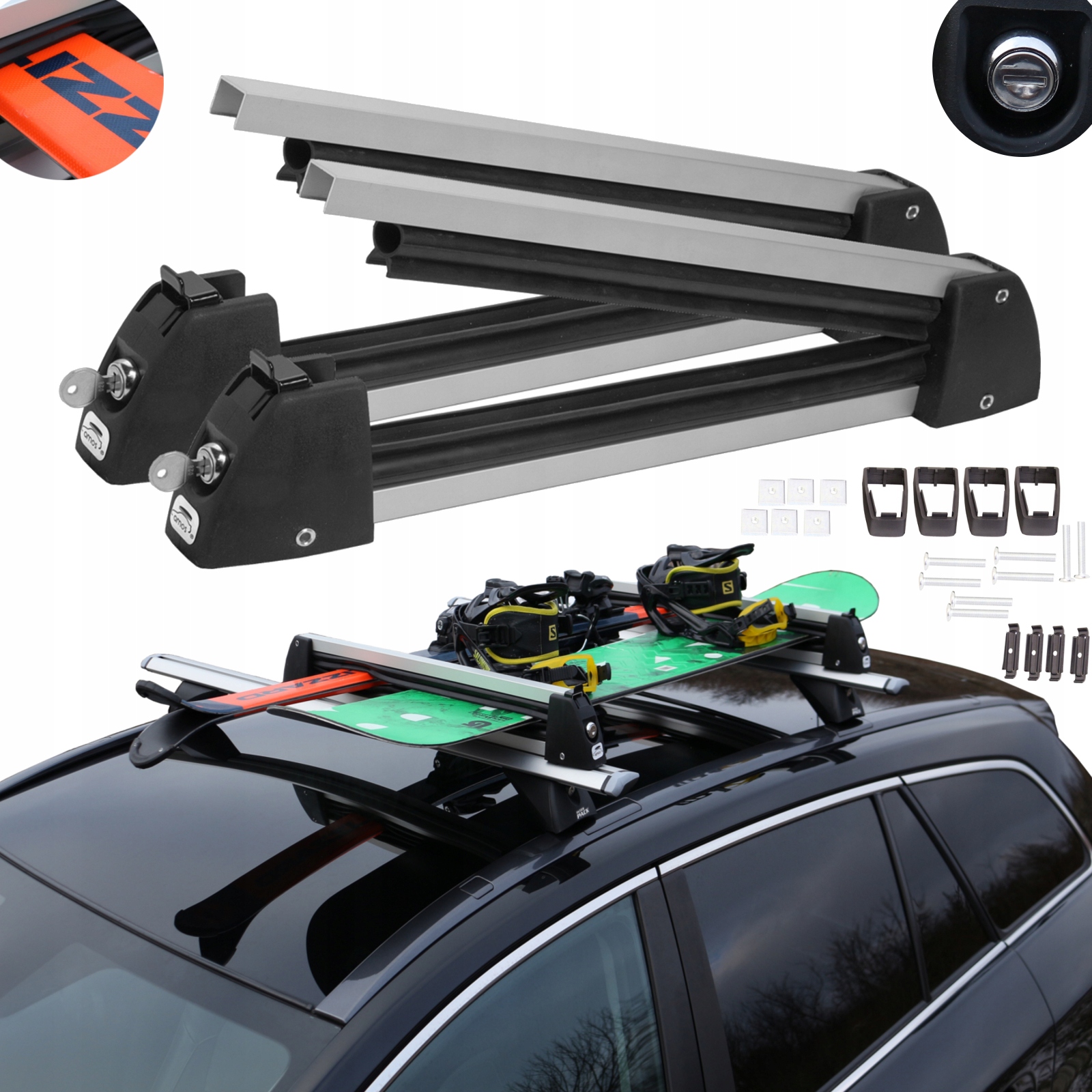 UCHWYT BAGAŻNIK NARCIARSKI NA 3 PARY NART 2 DESKI SNOWBOARDOWE AMOS SREBRNY