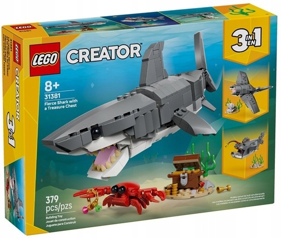 Stavebnice 379 dílků Lego Creator Hrozivý žralok a truhla s pokladem 31381