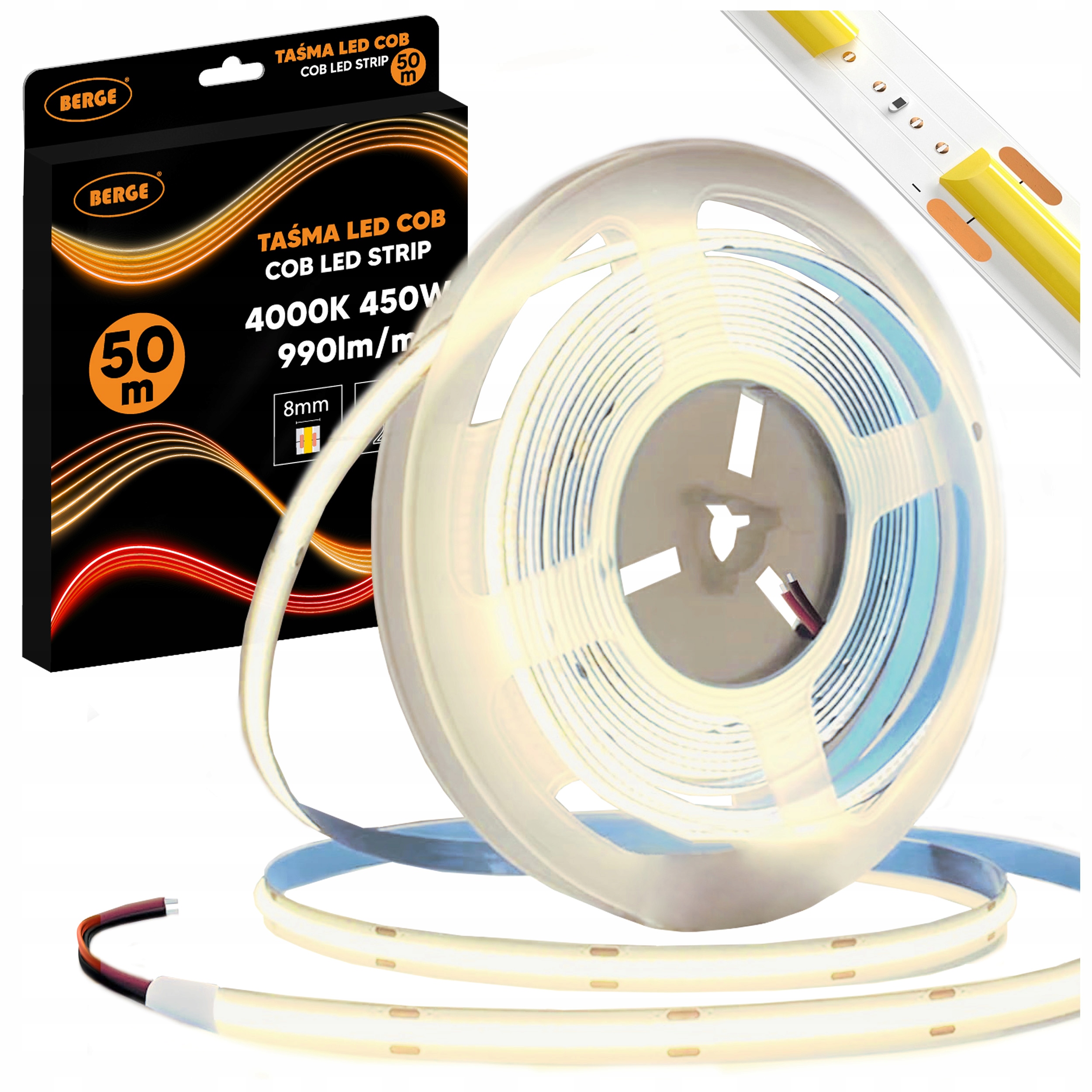 Led páska Cob Neon 12V 50m Veľká rolka 480 diód 9W 990lm 4000K Neutrálna 8 mm