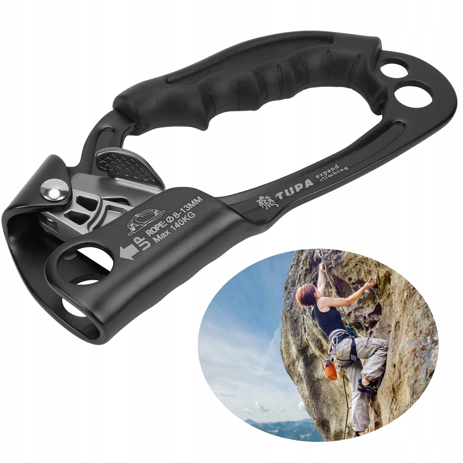 Wspinaczka Ascender Rock Rappelling Prawa Ręka Czarny