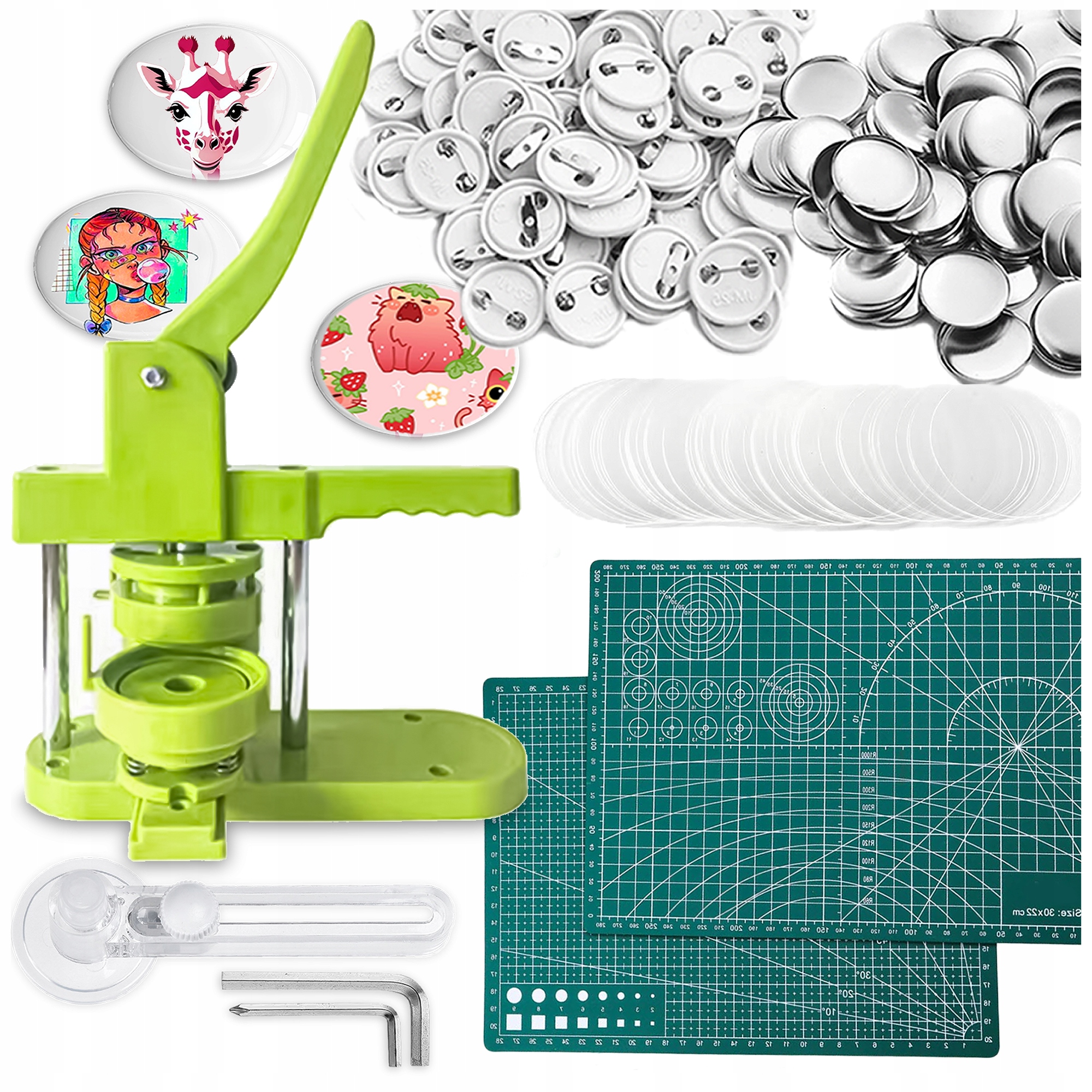 PRASA DO ROBIENIA PRZYPINEK ZESTAW MASZYNA SPODY NOŻYK MATA 100 PINÓW 32 MM