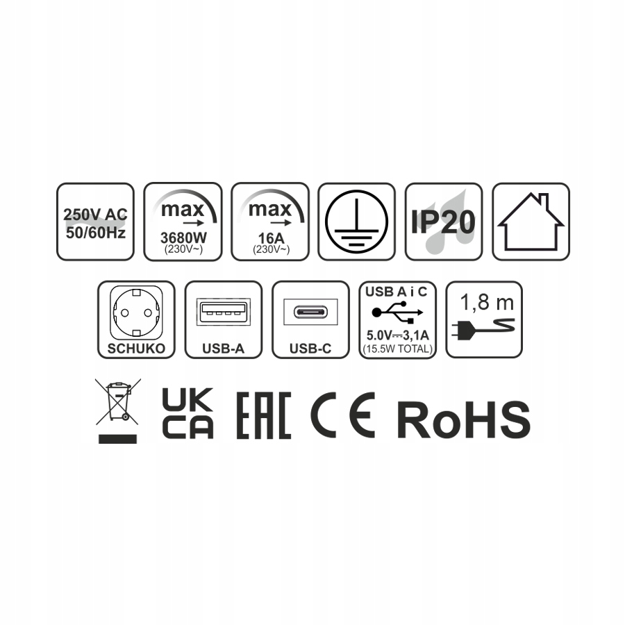 Gniazdo meblowe 2 x 230V 2 x USB Corner Box biały Typ gniazda Listwa