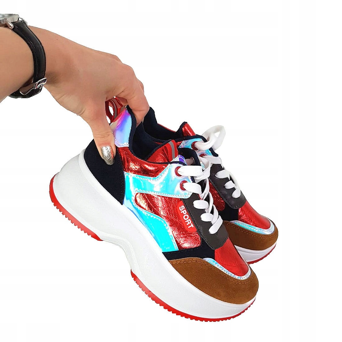 

Czerwone sneakersy w kolorowe wstawki 8639 39