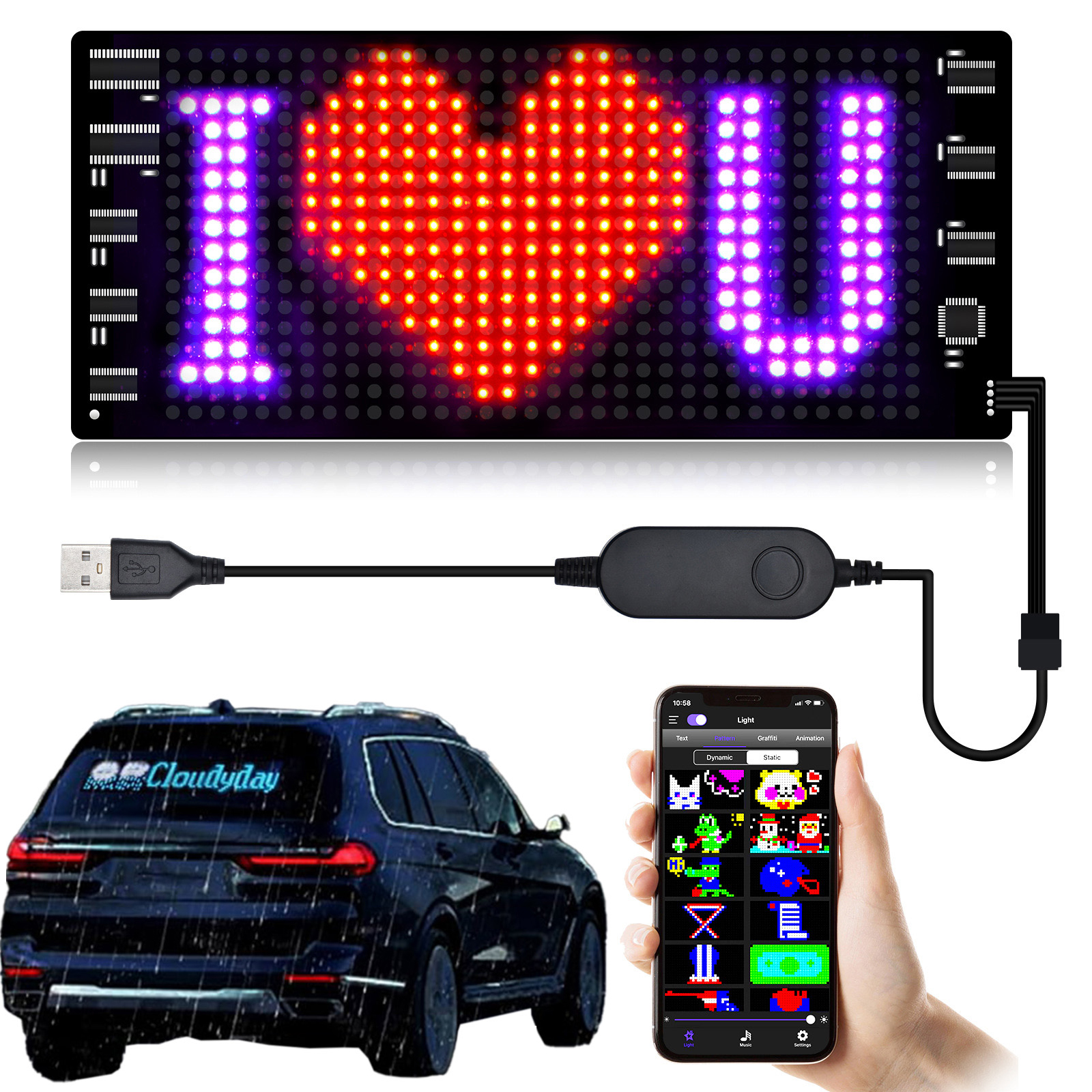 ELASTYCZNY PANEL PIKSELOWY LED RGB Z KONTROLĄ BLUETOOTH, ZASILANIE USB 5V, DO GRAFFITI
