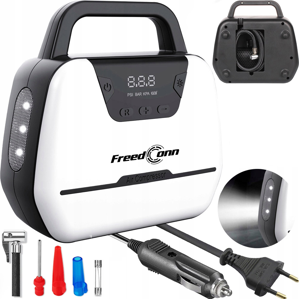 KOMPRESOR SAMOCHODOWY ROWEROWY 12V / 230V POMPKA SPRĘŻARKA LED LCD LATARKA