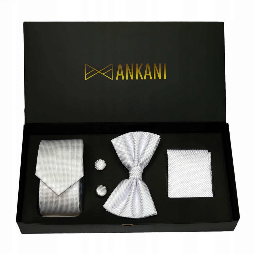 MUCHA męska biała+ KRAWAT+ POSZETKA+ SPINKI