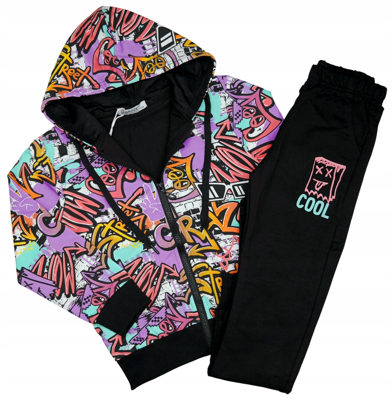 Dres dziewczęcy Graffiti bluza rozpinana i spodnie, bawełna, r. 140