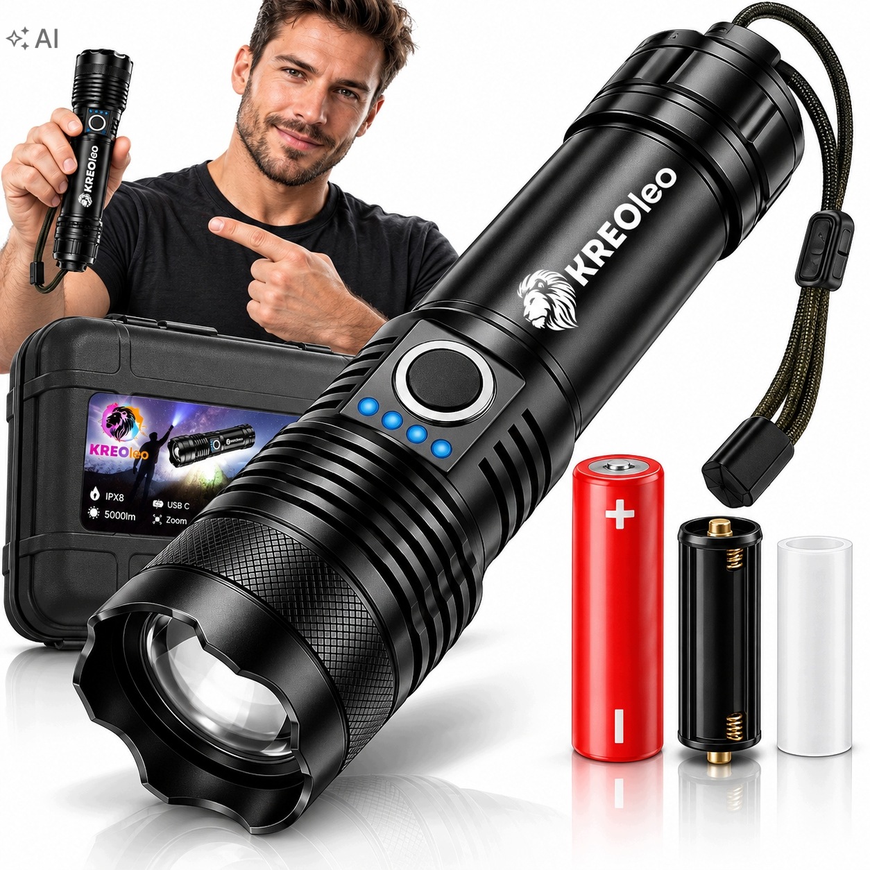 Latarka Taktyczna Led Akumulatorowa Mocna 5000LM Zoom Usb-c IPX4 Zestaw