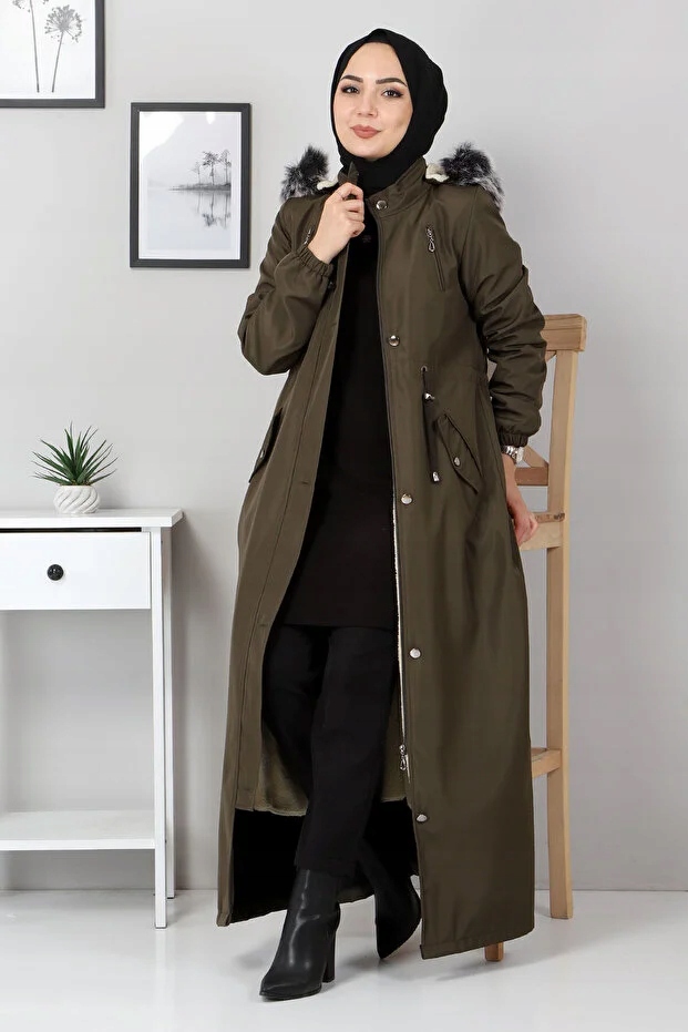 Dlouhá Dámská Bunda Parka S Kapucí A Kožešinou Khaki 46 5GA