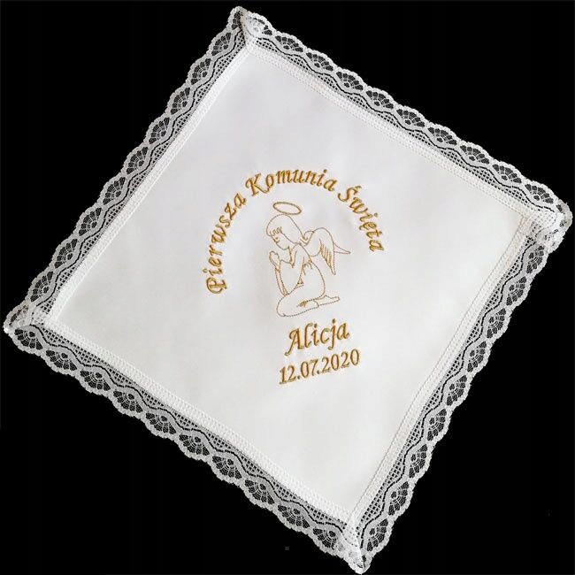 Biała CHUSTECZKA DO KOMUNII z haft imię data WZORY Kolor dominujący biały