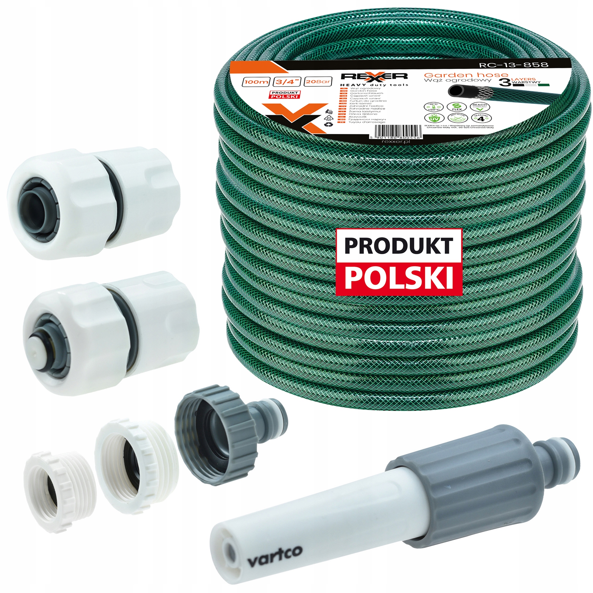 Gumová Záhradná Hadica 3/4" 100M 3 Vrstvová Spojky Dýza Poľský