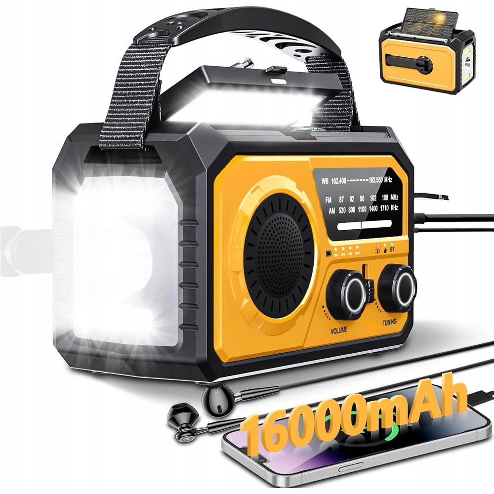 Núdzové Rádio 16000MAH Bluetooth 5.3 So Solárnym Panelom Žlté Baterka