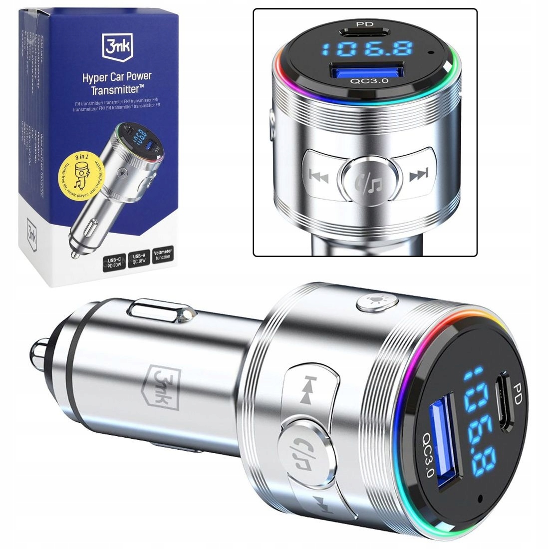 3mk Fm vysílač Bluetooth 5.3 Nabíječka Automobilová Usb Usb-c 48W do auta