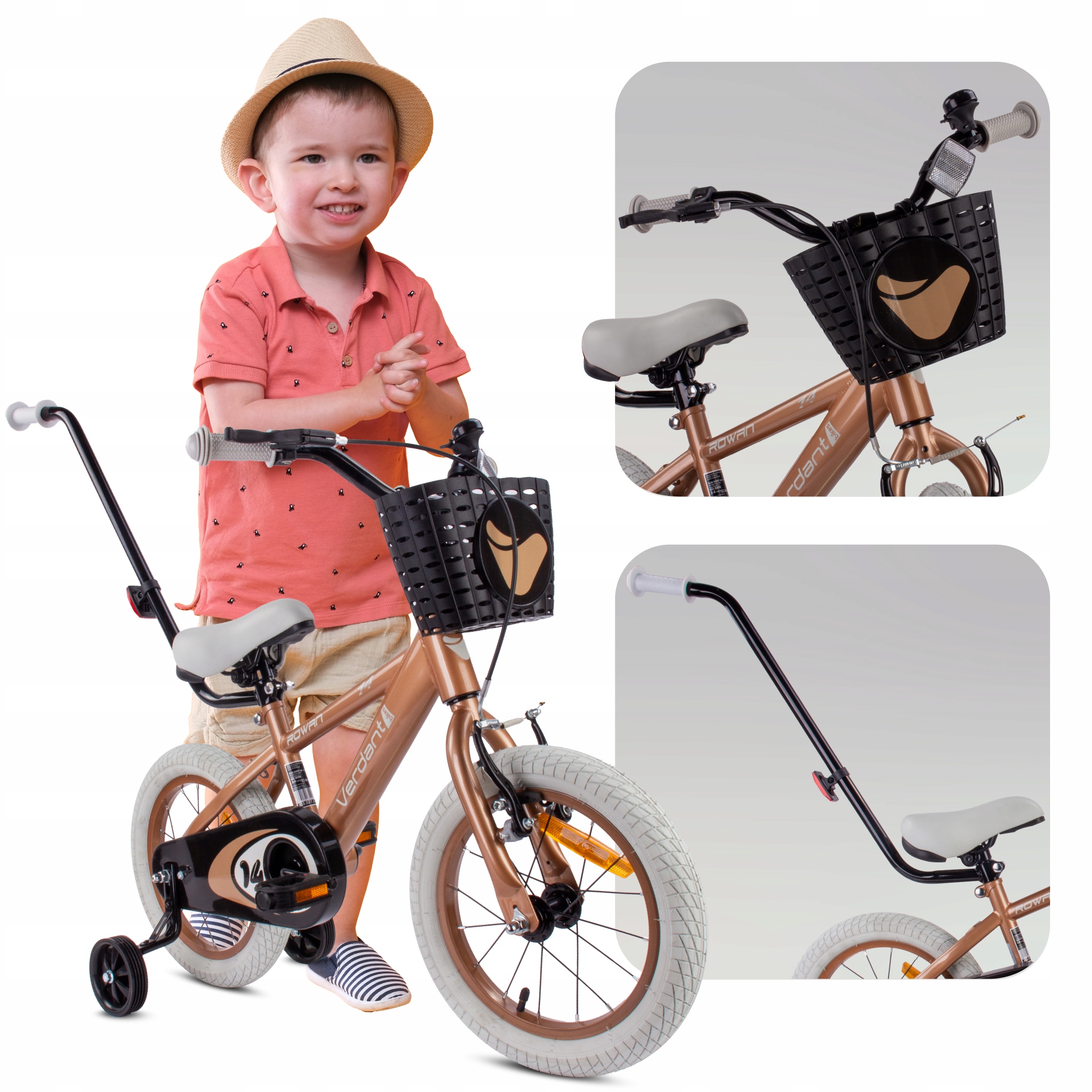 Rower dla chłopca 14 cali dziecięcy Pchacz Kółka boczne Koszyk Verdant