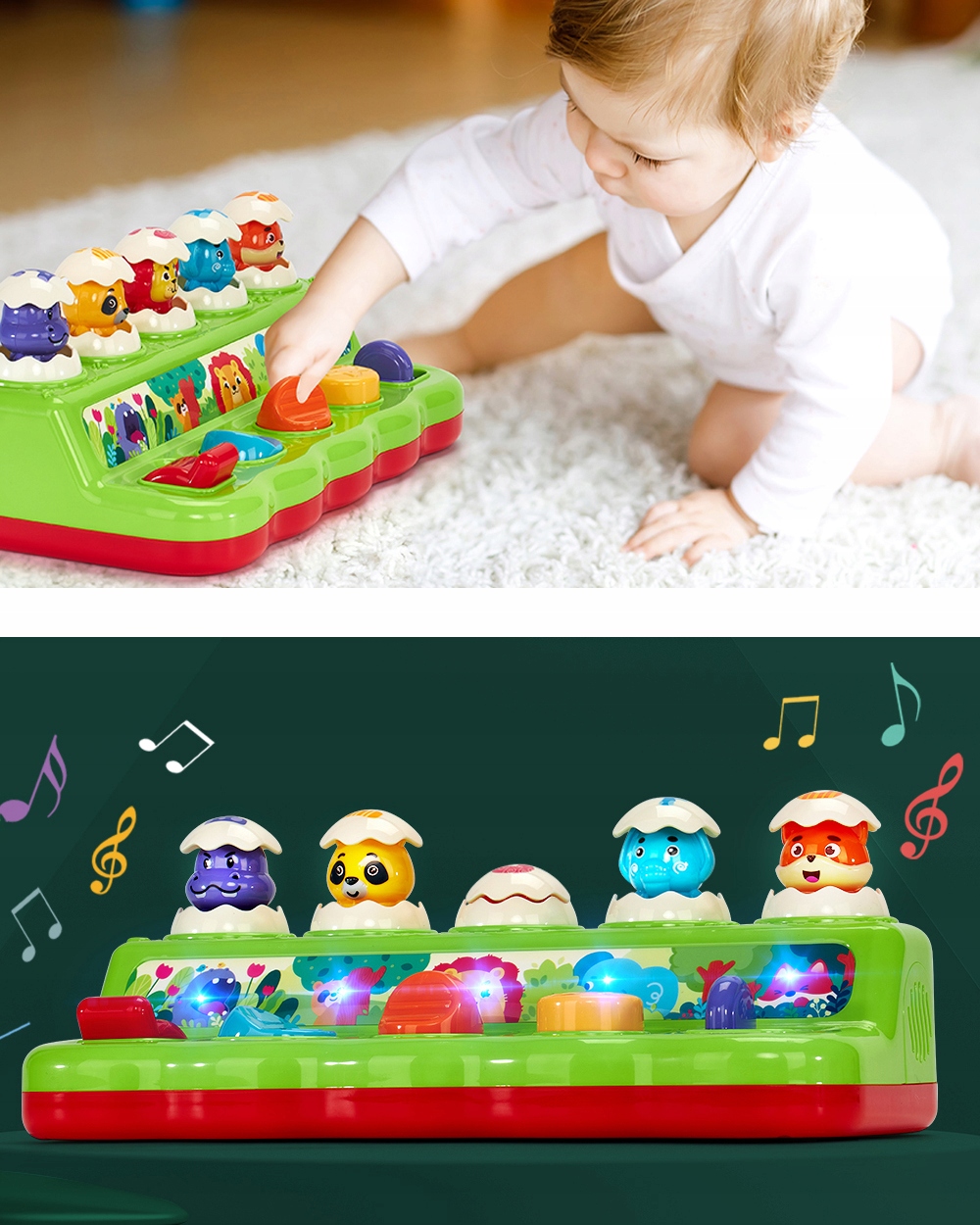 INTERAKTYWNY POP-UP PRZEŁĄCZNIK ZABAWKI 6-18 MIESIĘCY Z MUZYKĄ I ŚWIATŁEM Wiek dziecka 6 m +