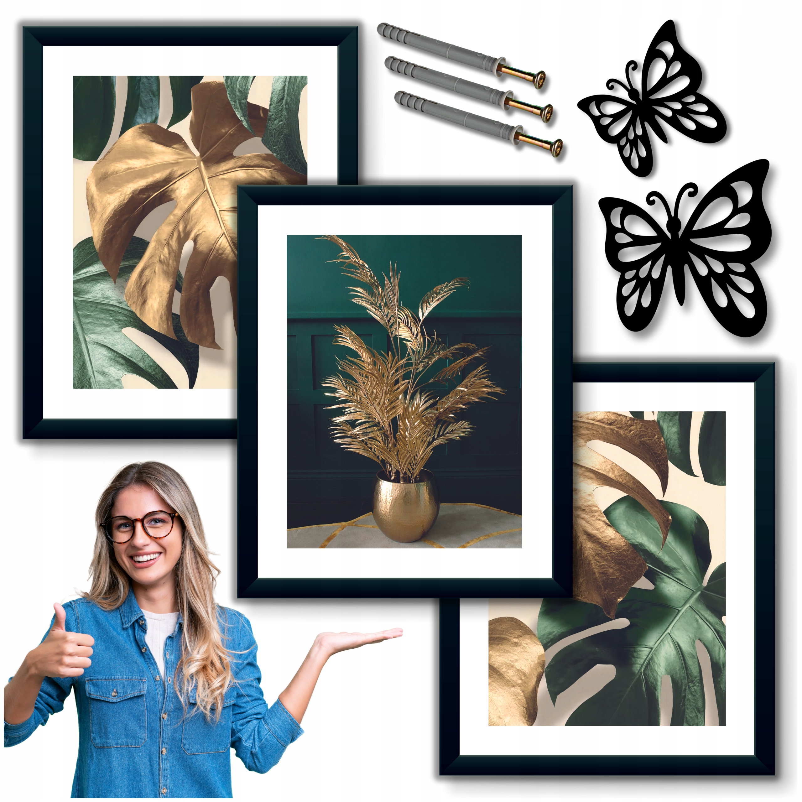 ZESTAW OBRAZY W RAMIE 30x40 NATURA LIŚCIE MONSTERA ZŁOTE OBRAZY DO SALONU