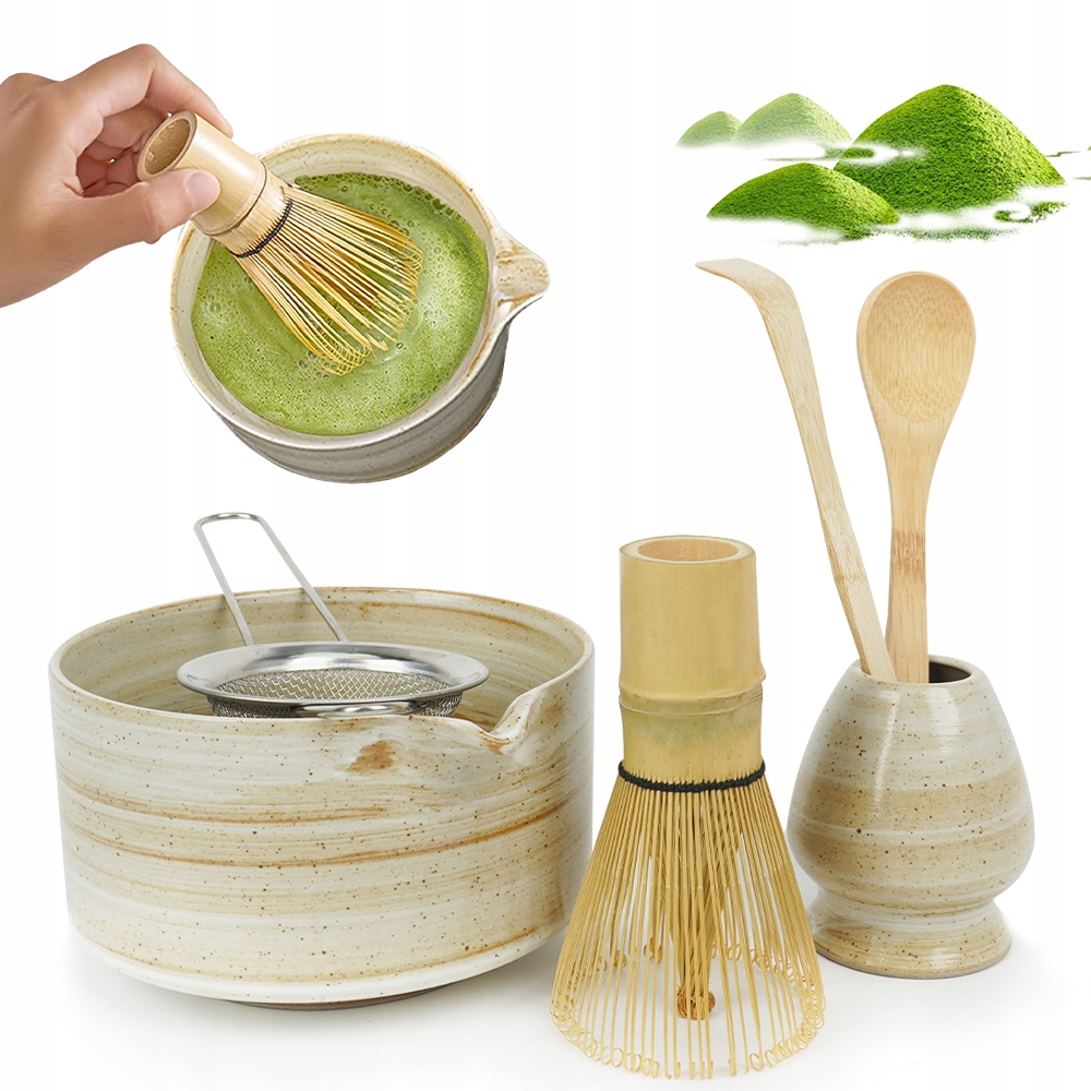 Levně Sada pro Matcha z keramiky 6 prvků v žluté barvě s bambusem