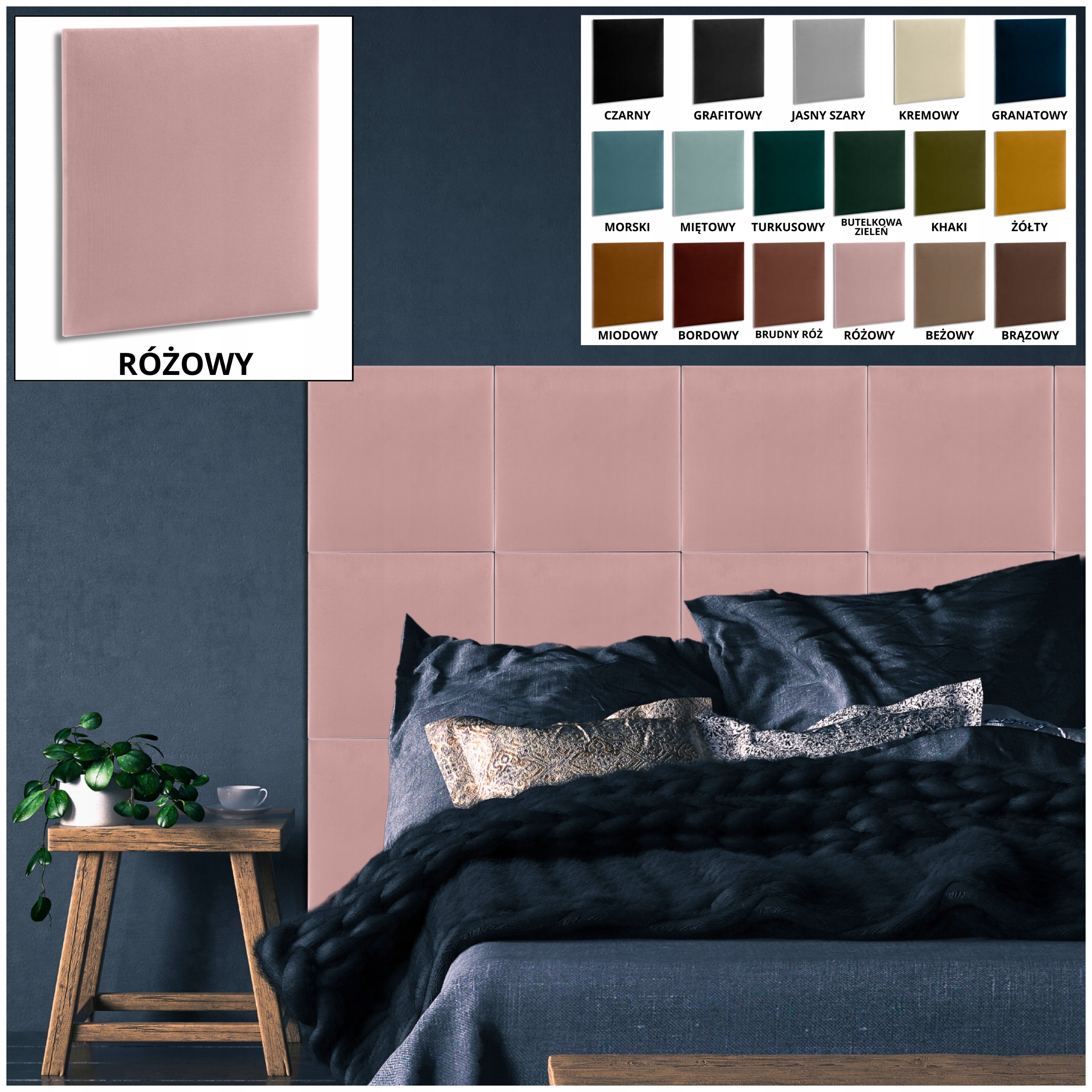 Panele Ścienne Tapicerowane 40x40 KWADRAT RÓŻOWY Welur Miękki