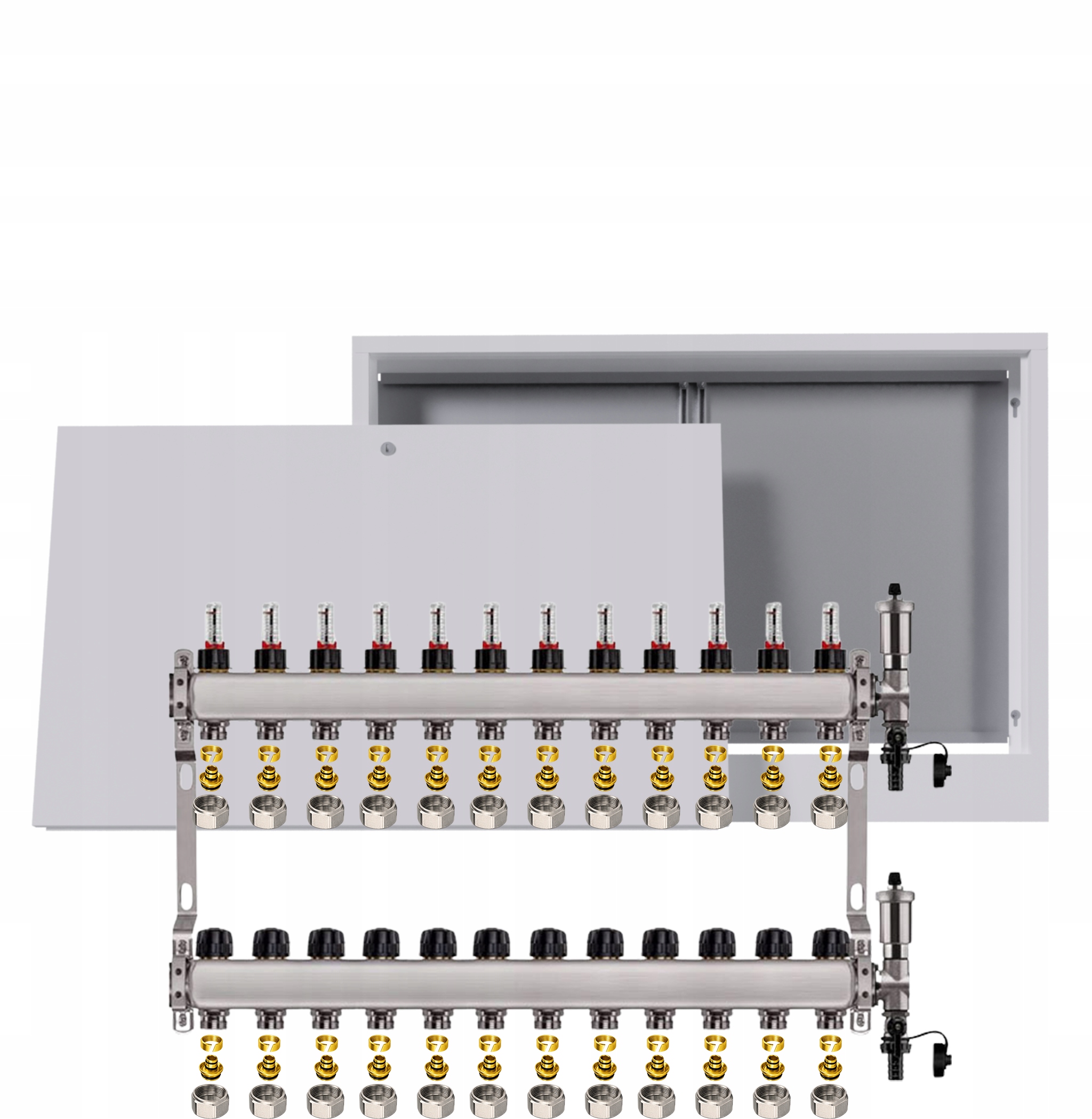 Nerezový rozdělovač pro podlahu 12 okruhů s nástěnným boxem Pex