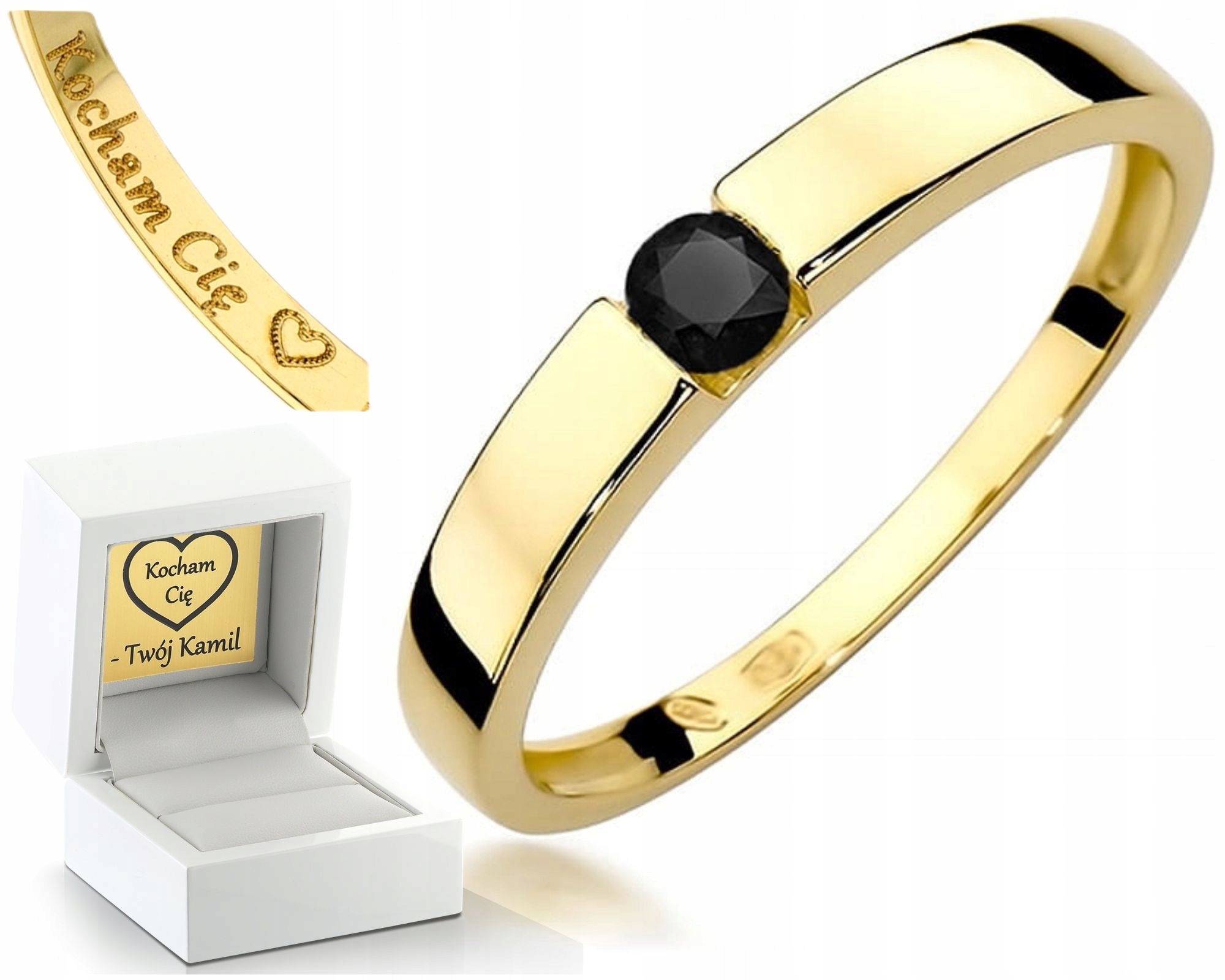 Žluté Zlato Prstýnek Černý Briliant 585 Gravírování Dárek