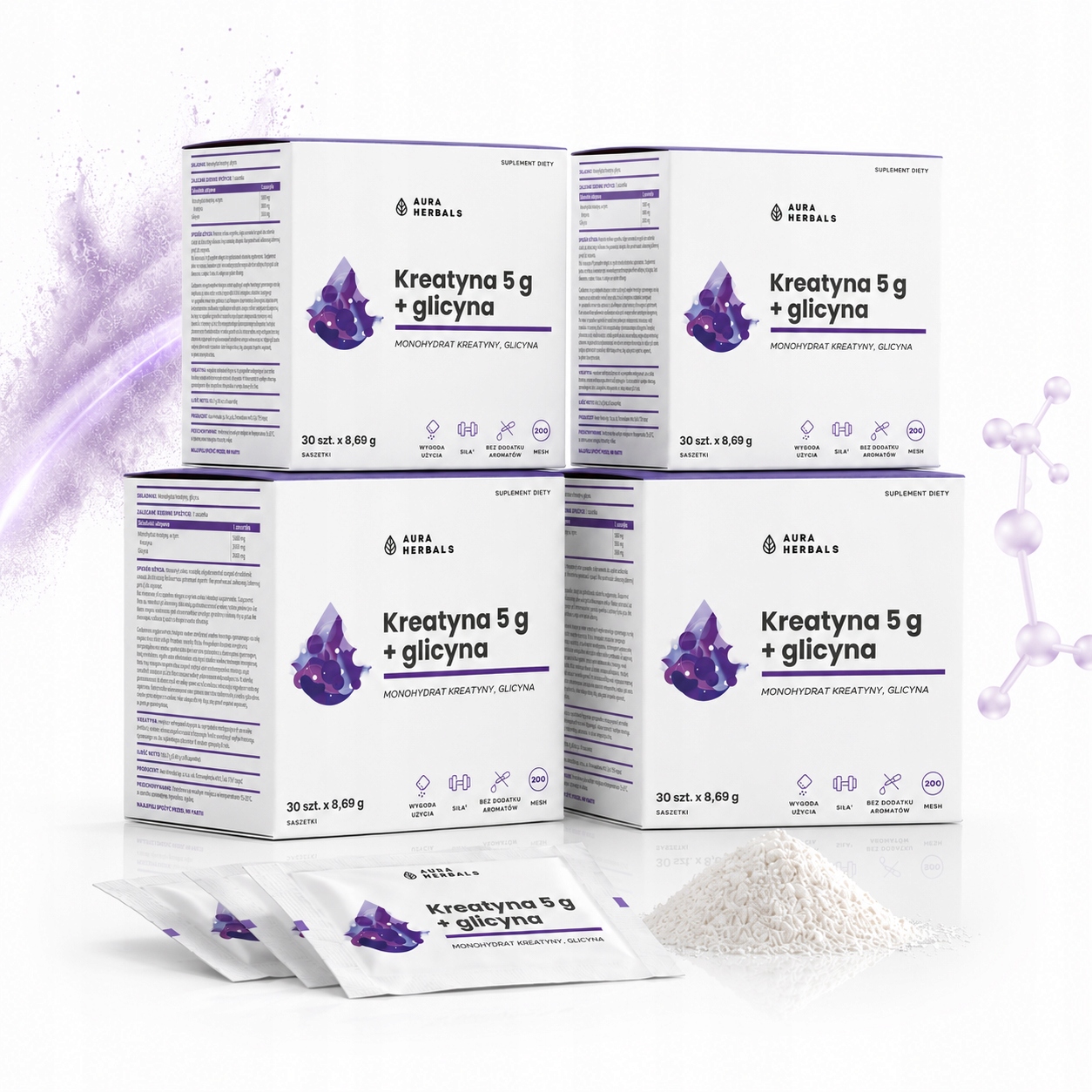 Aura Herbals Kreatin 5 g Glycin Sada 4x30 sáčků Síla a výkonnost