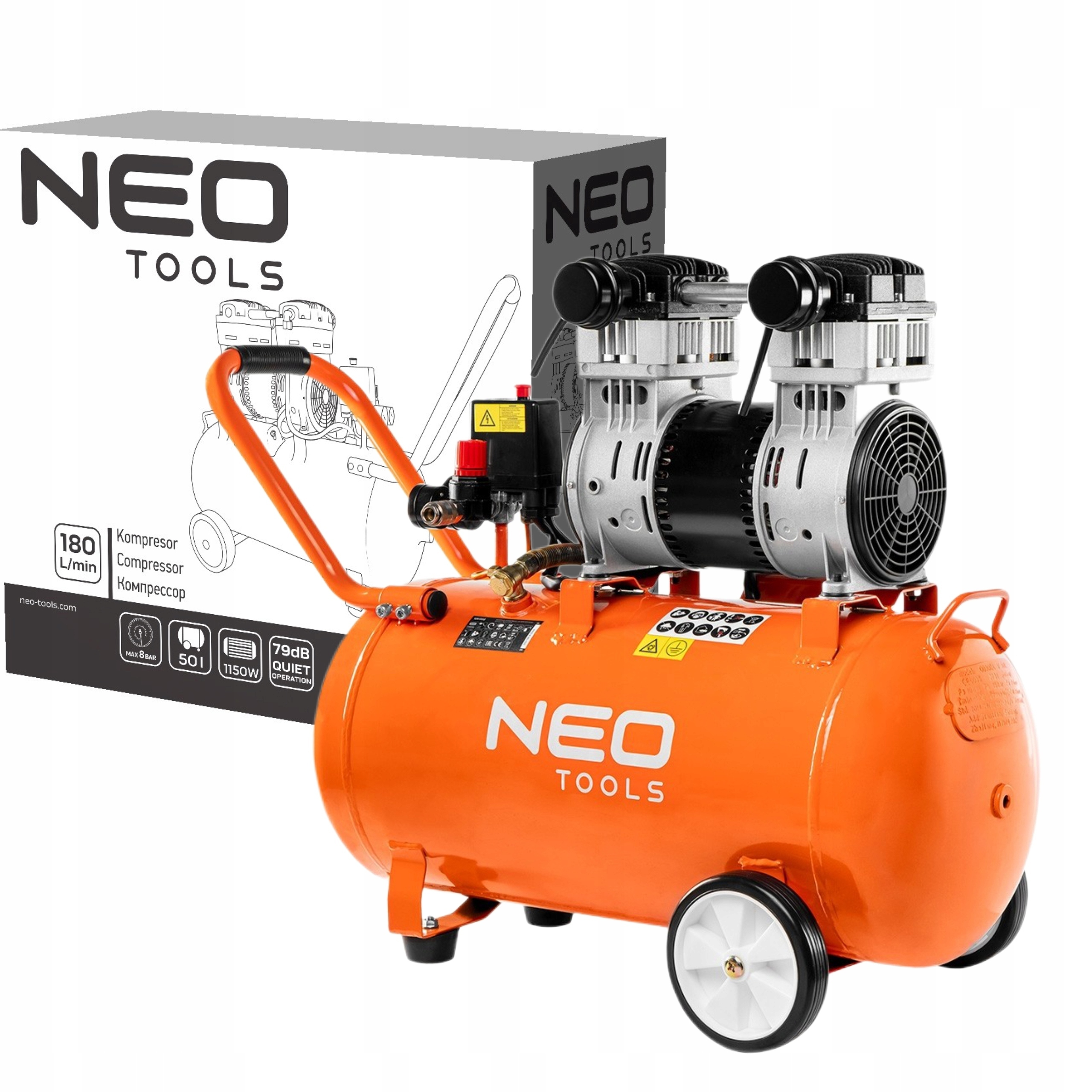 NEO KOMPRESOR BEZOLEJOWY SPRĘŻARKA 50L CYCHY 8 BAR